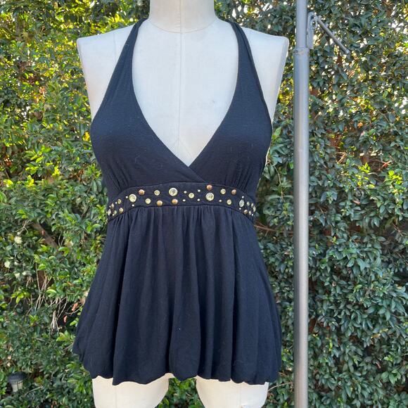 Vintage 2000s Twenty One Black Beaded Gathered Waist USA Made Medium - Picture 1 of 11